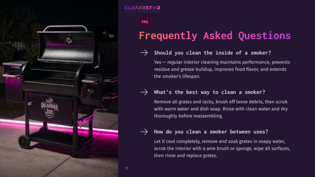 A Black Oklahoma Joe Smoker Sits Outdoors, Illuminated By Purple Lighting, With Clear Text To The Right Containing Faqs About Cleaning.