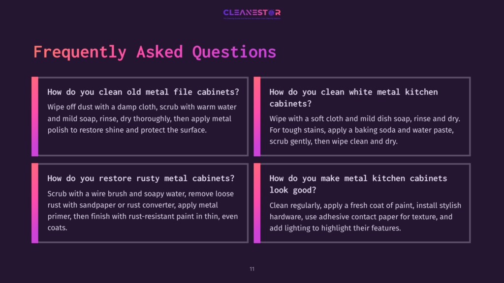 Four Colorful Sections With White Text Outlining Faqs About Cleaning And Restoring Metal Cabinets, Featuring Questions In Bold.
