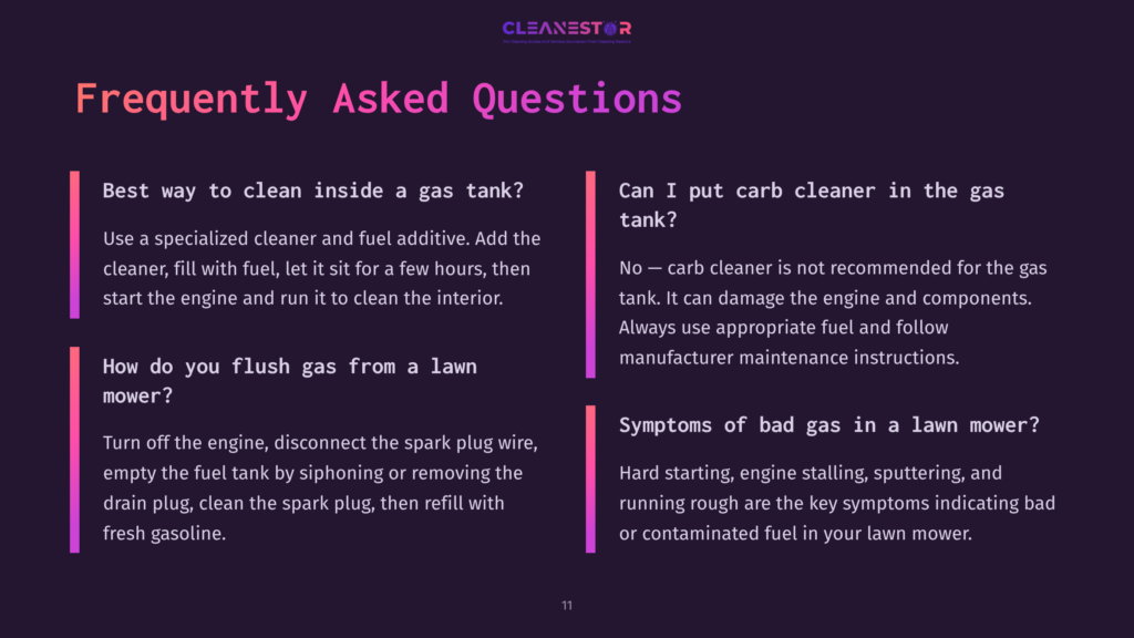 Illustration Of A Faq Section With Purple Background And White Text, Addressing Questions About Gas Tank Cleaning And Maintenance.