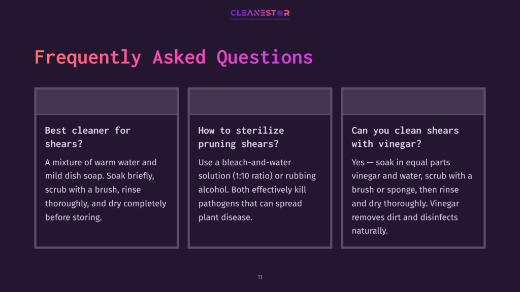 Three Panels With A Dark Purple Background Containing White And Pink Text. Each Panel Answers A Frequently Asked Question About Cleaning Gardening Tools.