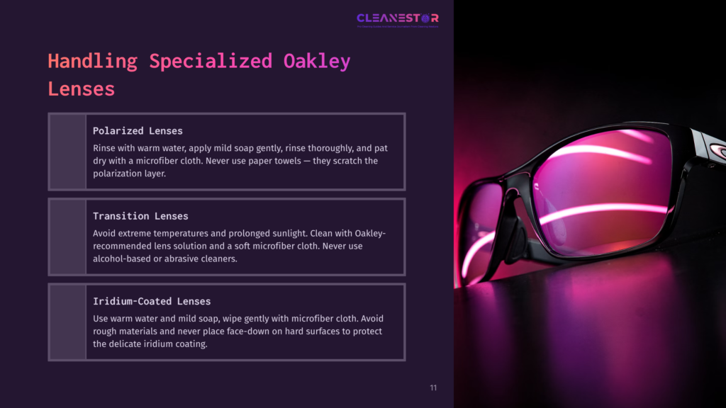 Close-Up Of Polarized Sunglasses With A Dark Frame And Purple-Tinted Lenses, Accompanied By Text On Cleaning Methods And Tips.