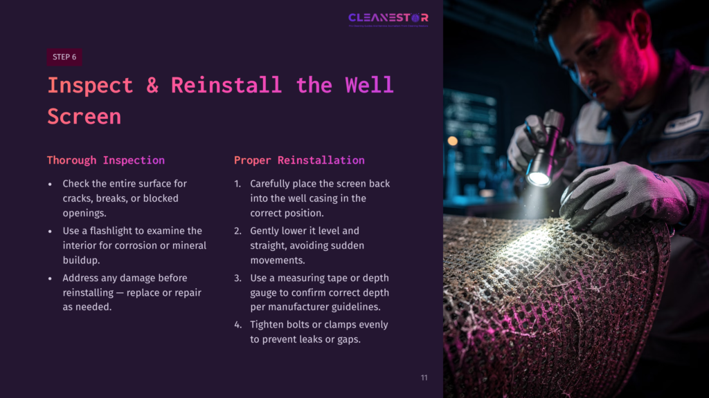 A Person Using A Flashlight Inspects A Well Screen For Damage, With A Close-Up View Of The Textured Surface And Instructions On The Side.