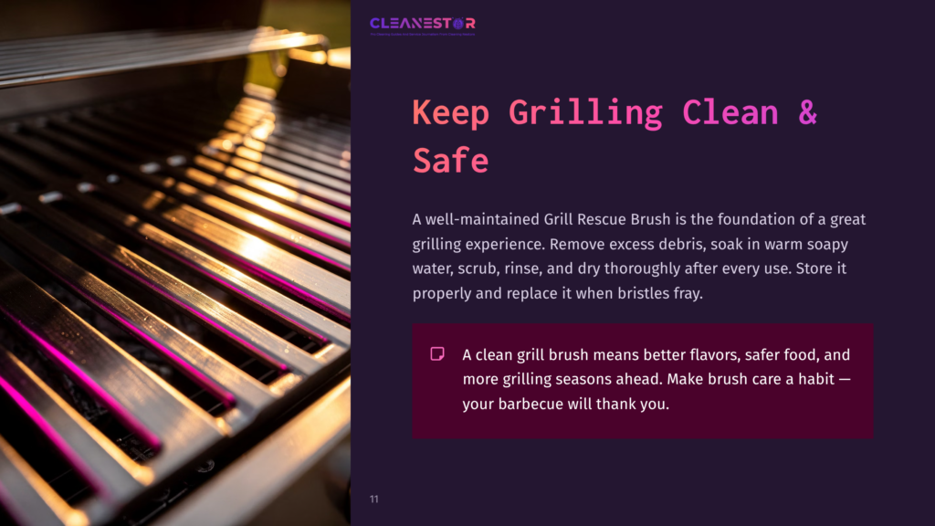 Close-Up Of A Clean Grill With Maintenance Tips. Text: Keep Grilling Clean &Amp; Safe For Optimal Bbq Experience.