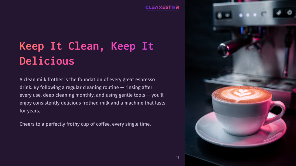 A Close-Up Of A Latte Art Heart On Frothed Milk In A White Cup, With An Espresso Machine In The Background And Dark Purple Text Overlay.