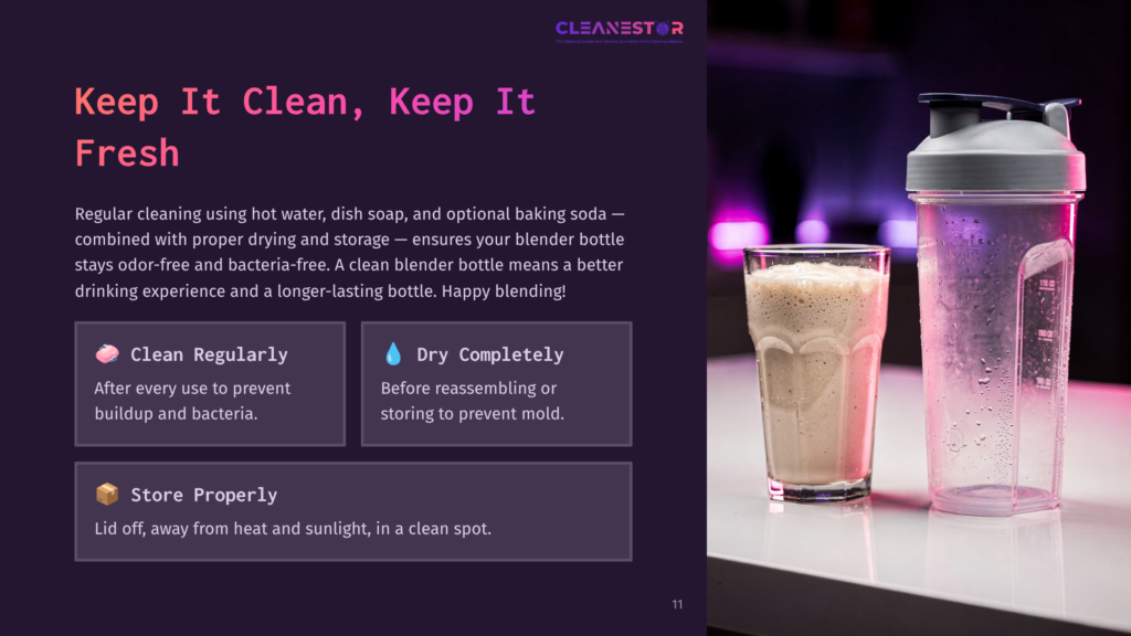 A Blender Bottle And A Glass Of Blended Drink On A Dark Background, Alongside Cleaning Tips In White Text, Emphasizing Cleanliness.