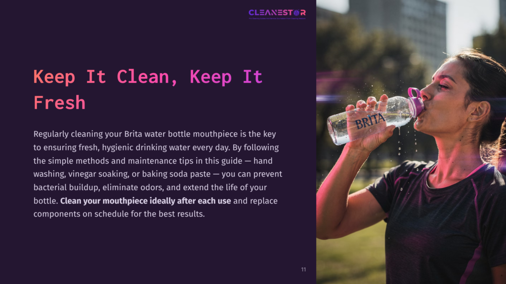 A Woman Drinks From A Clear Brita Water Bottle, With Vibrant Purple And Dark Backgrounds, Emphasizing Hydration And Cleanliness.