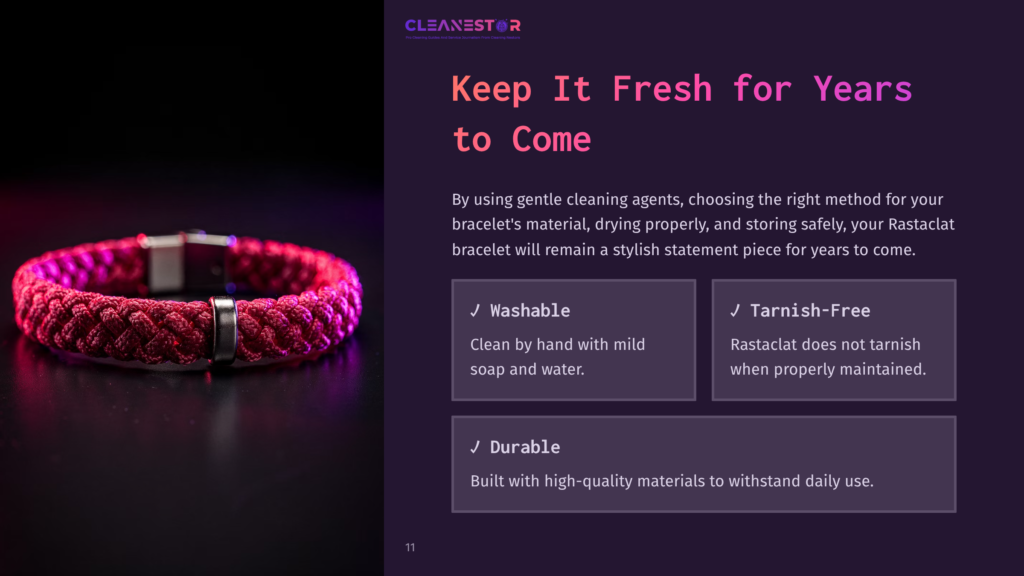 A Close-Up Of A Pink Rastaclat Bracelet On A Dark Surface, Accompanied By Text Highlighting Features Like Washability And Durability.