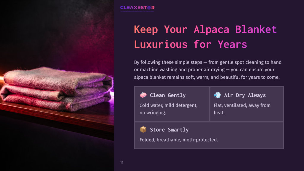 A Stacked Alpaca Blanket On A Wooden Shelf, With Text Detailing Cleaning Tips In A Modern Layout Featuring Purple, Pink, And White Colors.