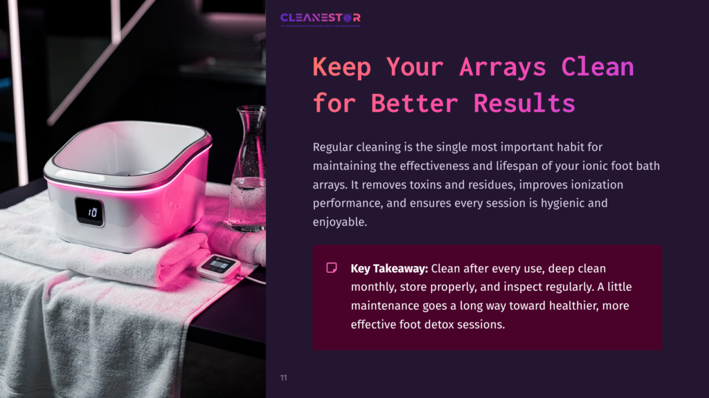 A Pink And White Ionic Foot Detox Machine With A Digital Display Showing &Quot;10&Quot; Sits On A White Towel Next To A Glass Bottle Of Water. Text On The Right Reads &Quot;Keep Your Arrays Clean For Better Results.