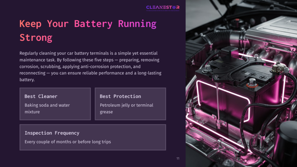 Close-Up Of A Car Battery With Neon Pink Lighting, Showcasing The Engine Bay And Text About Keeping Your Battery Running Strong, Including &Quot;Best Cleaner&Quot; And &Quot;Best Protection&Quot; Tips.