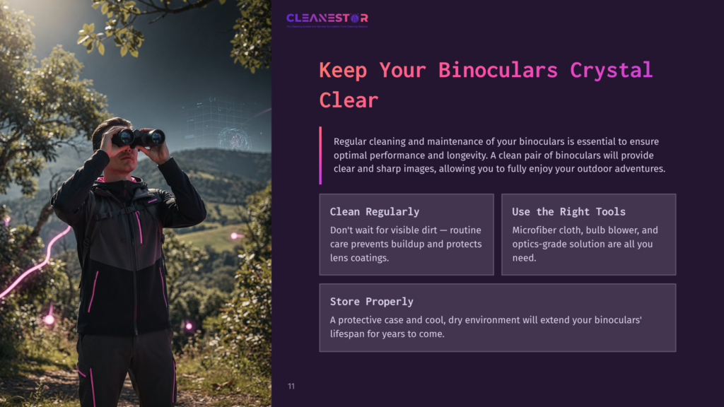 A Person Wearing A Jacket Uses Binoculars Outdoors, Surrounded By Greenery, With Bullet Points On Cleaning Tips And Guidelines.