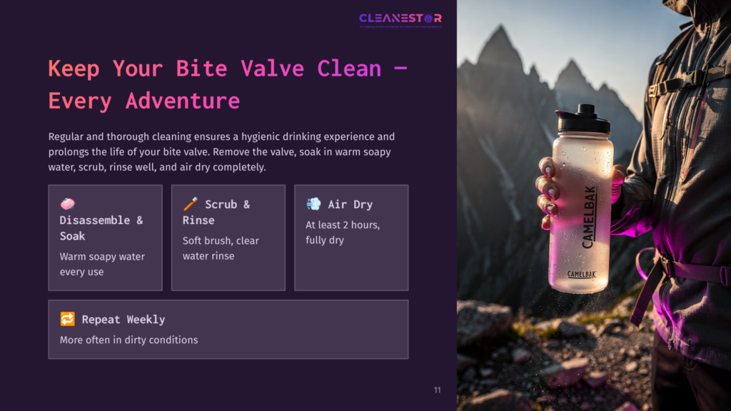 A Person Holding A Camelbak Water Bottle Against A Mountain Backdrop, Alongside Cleaning Tips In Purple And Grey Boxes.