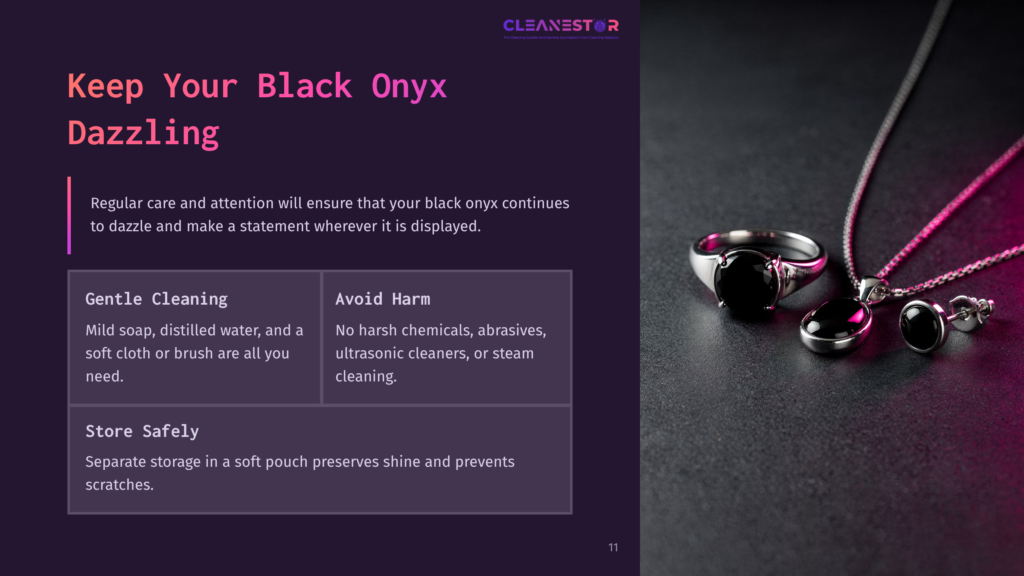 Black Onyx Jewelry Set, Including A Ring And Necklace With Matching Earrings, Displayed On A Dark, Textured Surface. The Jewelry Features Polished Black Onyx Stones Set In Silver, With A Soft Pink Light Illuminating The Scene.