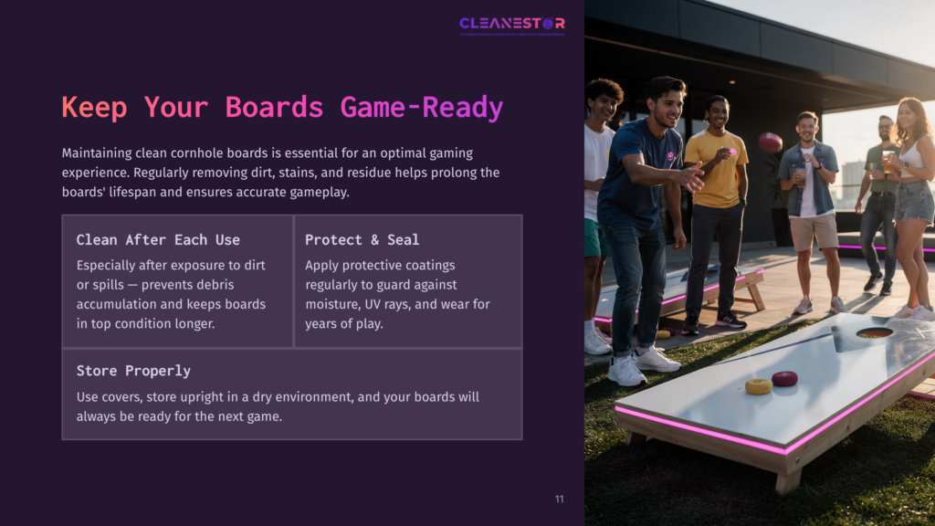 A Group Of Four People Engaging In A Cornhole Game Outdoors, With Tips On Board Maintenance And Care Outlined On One Side.