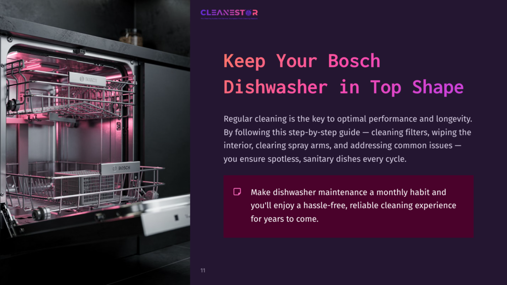 Open Bosch Dishwasher Interior With Pink Interior Lighting, Showing Racks And Spray Arms, With &Quot;Cleanestor&Quot; Logo And Text &Quot;Keep Your Bosch Dishwasher In Top Shape&Quot;.