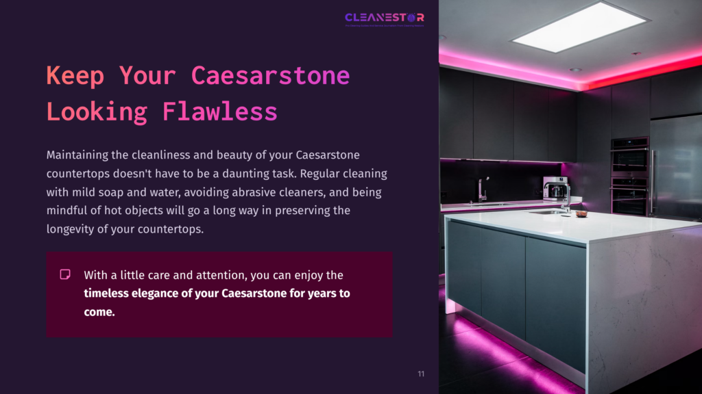 Modern Kitchen Featuring Sleek Caesarstone Countertops, Under-Cabinet Lighting In Shades Of Pink, And A Focus On Cleanliness And Elegance.