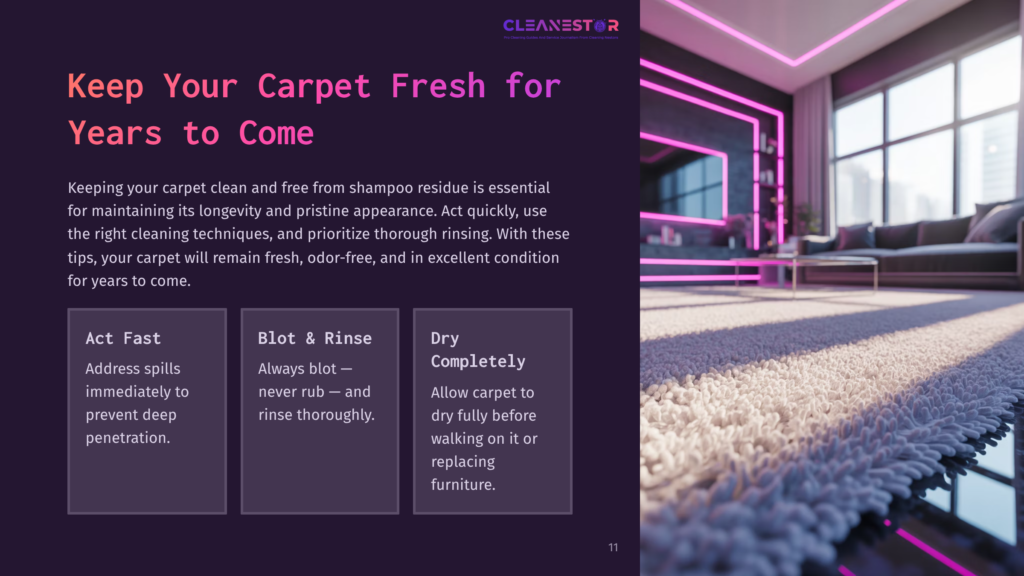 A Clean, Textured Carpet In A Modern Room With Pink Lighting. Text Highlights Tips For Cleaning Shampoo From Carpets.