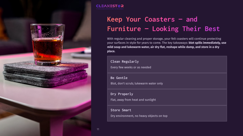 A Glass Of A Dark Drink Sits On A Purple Felt Coaster, Surrounded By Additional Coasters, On A Modern Table With A Soft Glow.