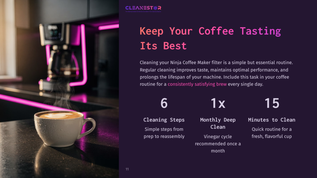 Coffee Cup On A Counter With A Coffee Maker In The Background, Illuminated By Purple Lighting; Text Outlining Cleaning Steps.