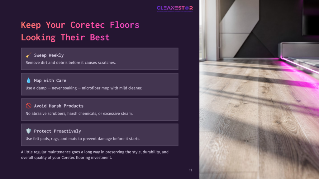 A Dark Purple Overlay On An Image Of A Modern Living Room With Wood Flooring Displays Text About Keeping Coretec Floors Looking Their Best, Including Tips On Sweeping, Mopping, Avoiding Harsh Products, And Protecting Floors.