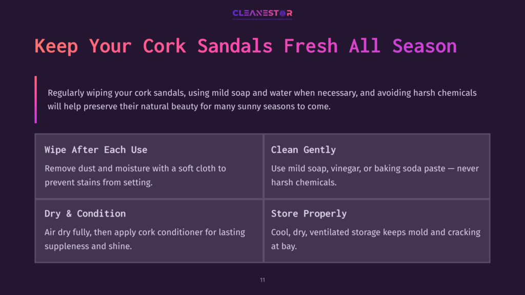 Text-Based Infographic With A Dark Background, Featuring Tips On Cleaning Cork Sandals, With Sections Highlighted In Pink And White Text.