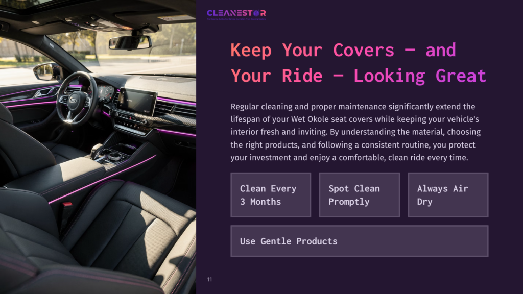 Interior Of A Modern Car With Ambient Purple Lighting, Featuring Plush Leather Seats And A Sleek Dashboard. Text Overlay Reads &Quot;Cleanestor&Quot; And &Quot;Keep Your Covers - And Your Ride - Looking Great.