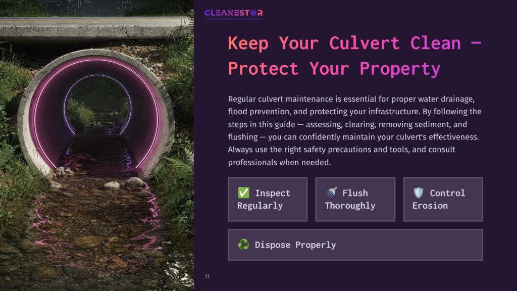 A Circular Culvert With A Glowing Purple Interior, Surrounded By Water And Greenery. Text Highlights Cleaning Tips And Safety Precautions.