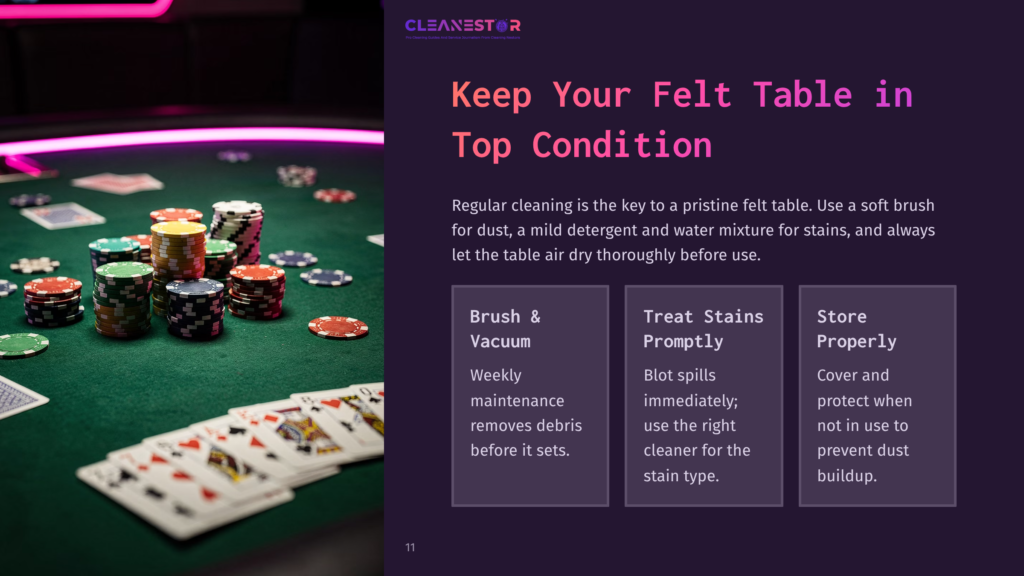 Close-Up Of A Felt Poker Table With Stacks Of Poker Chips And Playing Cards, With Text Overlay: &Quot;Keep Your Felt Table In Top Condition.