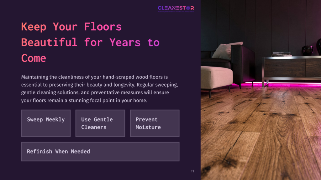 Cleanestor Logo Above Text: &Quot;Keep Your Floors Beautiful For Years To Come.&Quot; A Modern Living Room With Dark Furniture And A Sleek Media Console Featuring Pink Led Lighting, Showcasing Polished, Hand-Scraped Wood Floors.