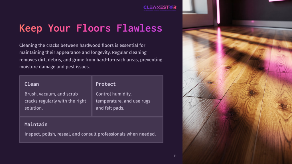 Wooden Floorboards With Sunlight Reflecting Off Their Surface, Creating Warm Tones; Text On The Left Outlines Cleaning And Maintenance Tips.