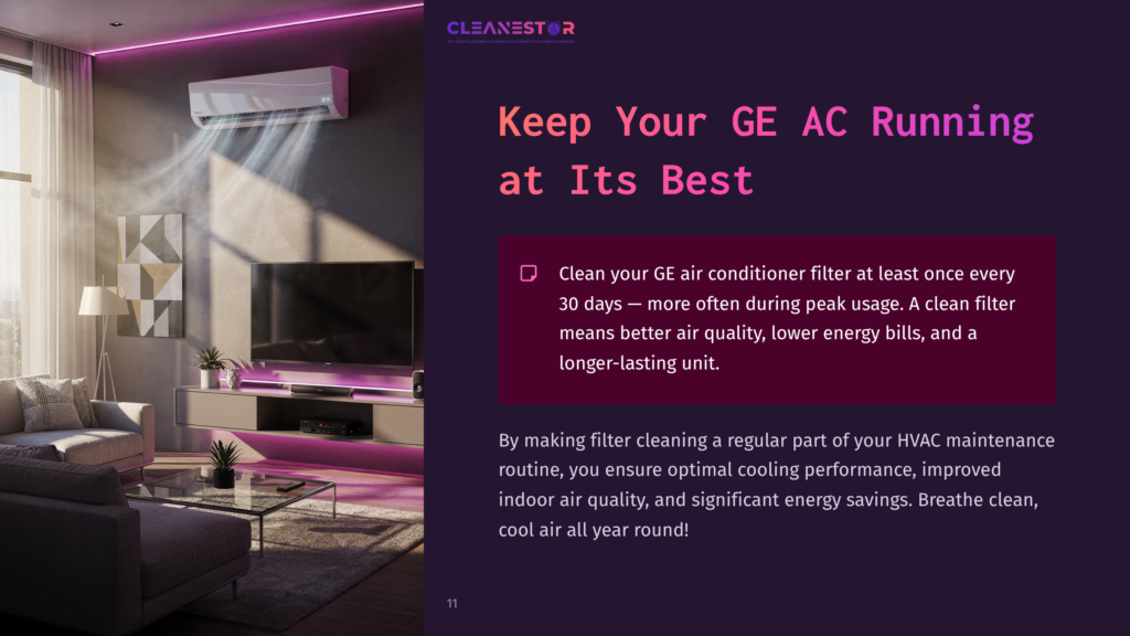 11 Keep Your Ge Ac Running At Its Best Modern Living Room With A Ge Air Conditioner Running, Cooling A Sleek Tv And Sofa. Text Overlay Reads &Quot;Cleanestor Keep Your Ge Ac Running At Its Best&Quot;.