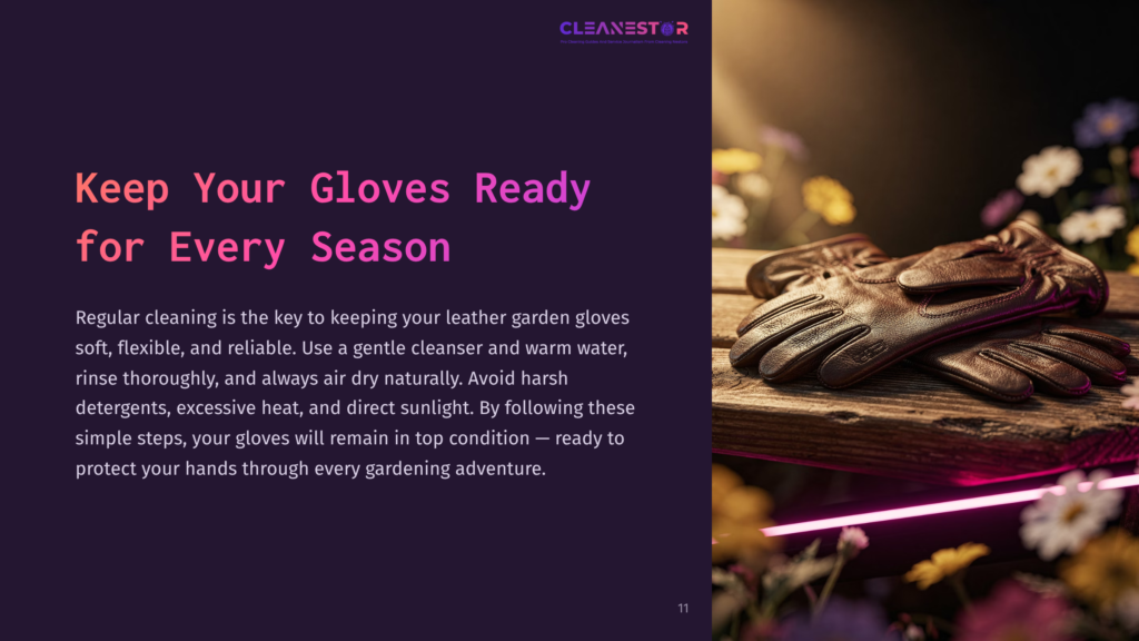 11 Keep Your Gloves Ready For Every Season Brown Leather Garden Gloves Laid On A Dark Surface With Soft Lighting, Beside A Vibrant Purple Background And Gentle Pink Highlights.