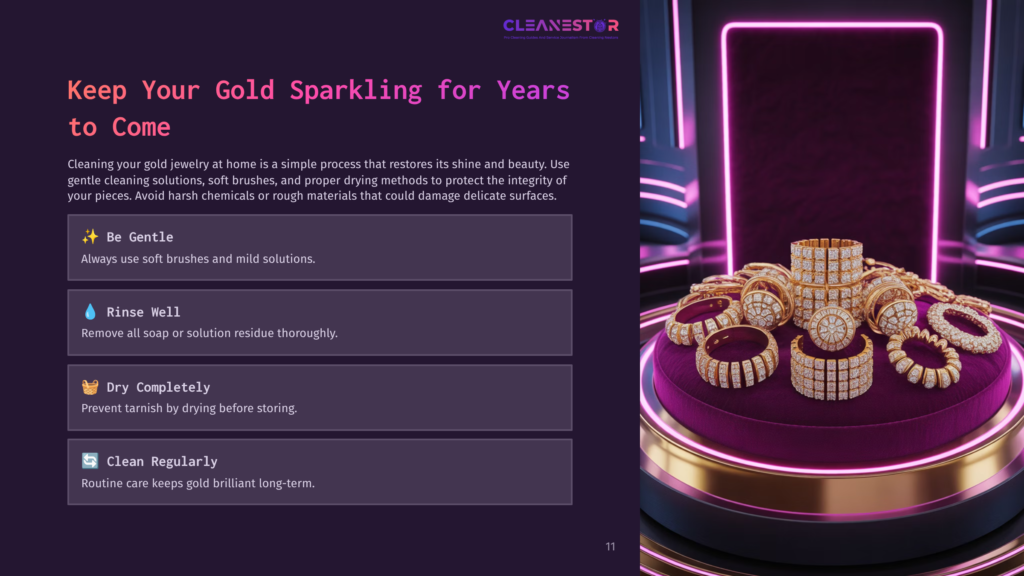 A Collection Of Sparkling Gold Jewelry, Including Rings, Bracelets, And Necklaces, Is Displayed On A Plush Purple Velvet Pedestal. The Jewelry Gleams Under Bright Pink Lights, With The Text &Quot;Cleanestor&Quot; Visible At The Top.