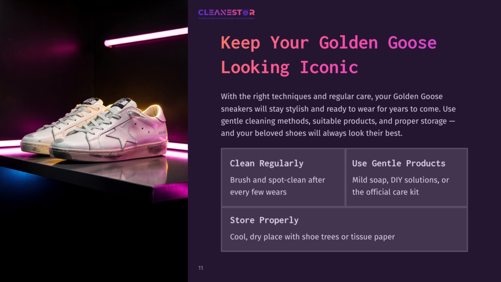 White And Pastel Sneakers On A Reflective Surface, With Vibrant Pink And Purple Lighting In The Background; Text Details Cleaning Tips.