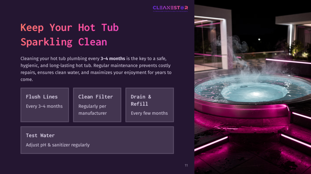 A Steaming, Illuminated Hot Tub At Night, With The Text &Quot;Cleanestor&Quot; And &Quot;Keep Your Hot Tub Sparkling Clean&Quot; Overlayed, Alongside Tips For Hot Tub Maintenance Like &Quot;Flush Lines,&Quot; &Quot;Clean Filter,&Quot; And &Quot;Test Water.