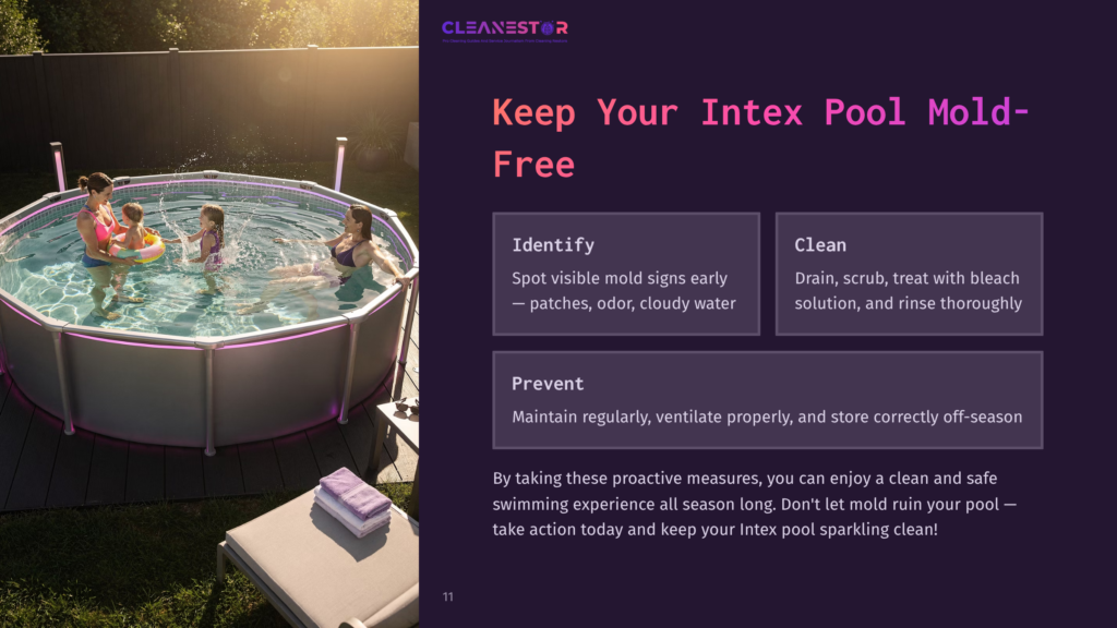 A Family Enjoys A Sunny Day Swimming In A Circular Intex Pool, With Text Outlining Steps To Prevent Mold Growth.