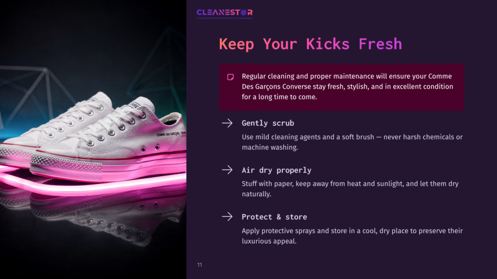White Comme Des Garçons Converse Sneakers With Pink Neon Light Reflections, Featuring Text On The Side. The Image Is Part Of A Guide On How To Clean And Care For Your Kicks.