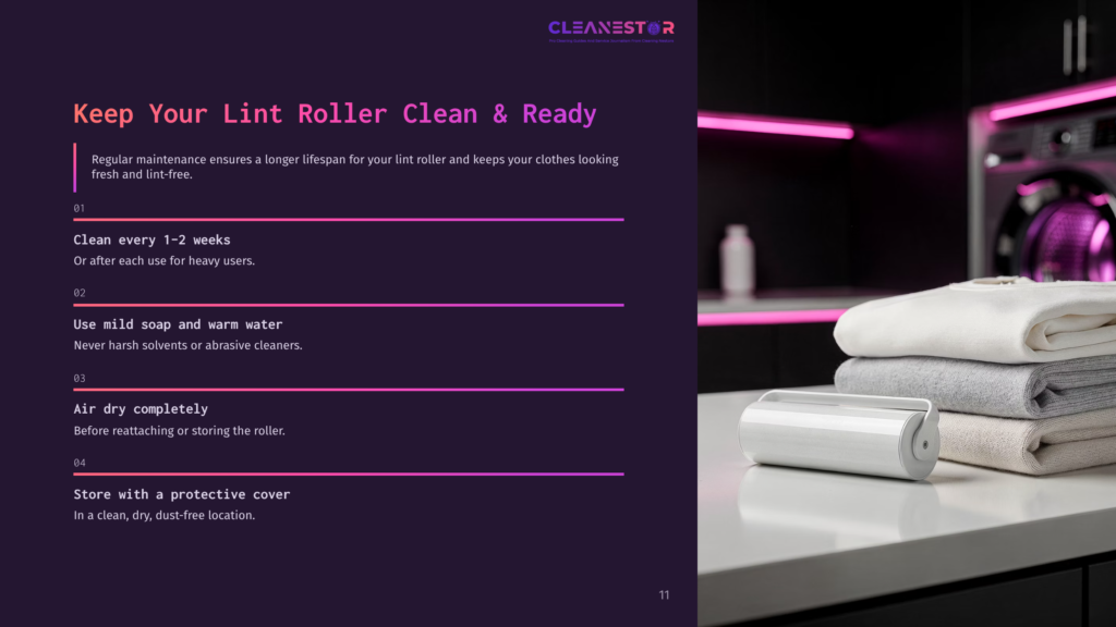 11 Keep Your Lint Roller Clean And Ready A White Lint Roller Sits On A Countertop Next To A Stack Of Neatly Folded Gray, White, And Beige Clothing. The Background Shows A Laundry Room With A Washing Machine. Text On The Left Provides Cleaning Instructions For The Lint Roller.