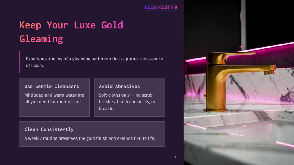 A Luxurious Gold Bathroom Faucet Gleams Against A Dark, Moody Background With Vibrant Pink Led Lighting. The Text &Quot;Cleanestar&Quot; Is Visible At The Top.
