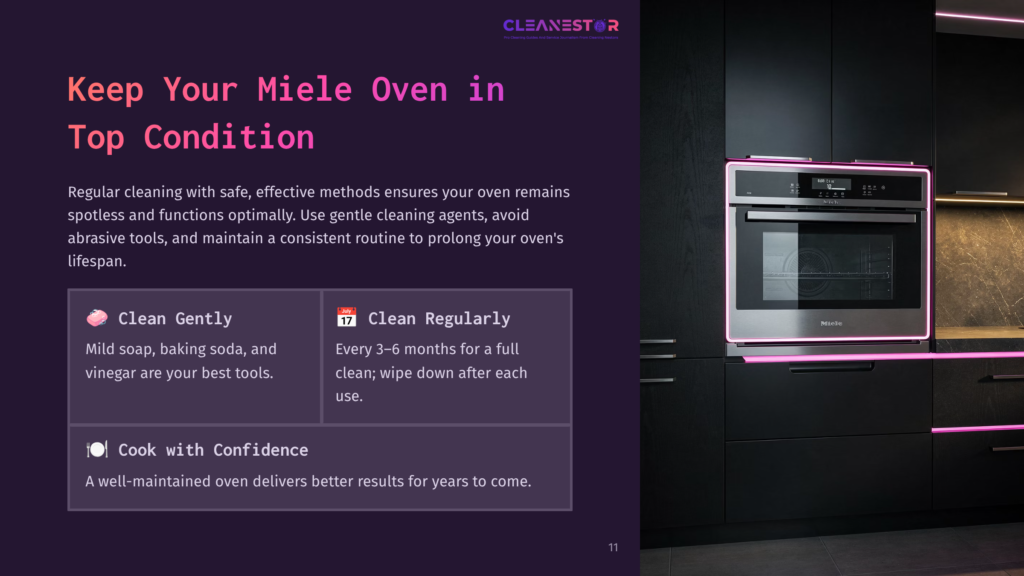 A Modern, Sleek Kitchen With A Pink-Lit Miele Oven As The Centerpiece. The Text &Quot;Keep Your Miele Oven In Top Condition&Quot; Is Displayed Prominently On The Left, Alongside Cleaning Tips.