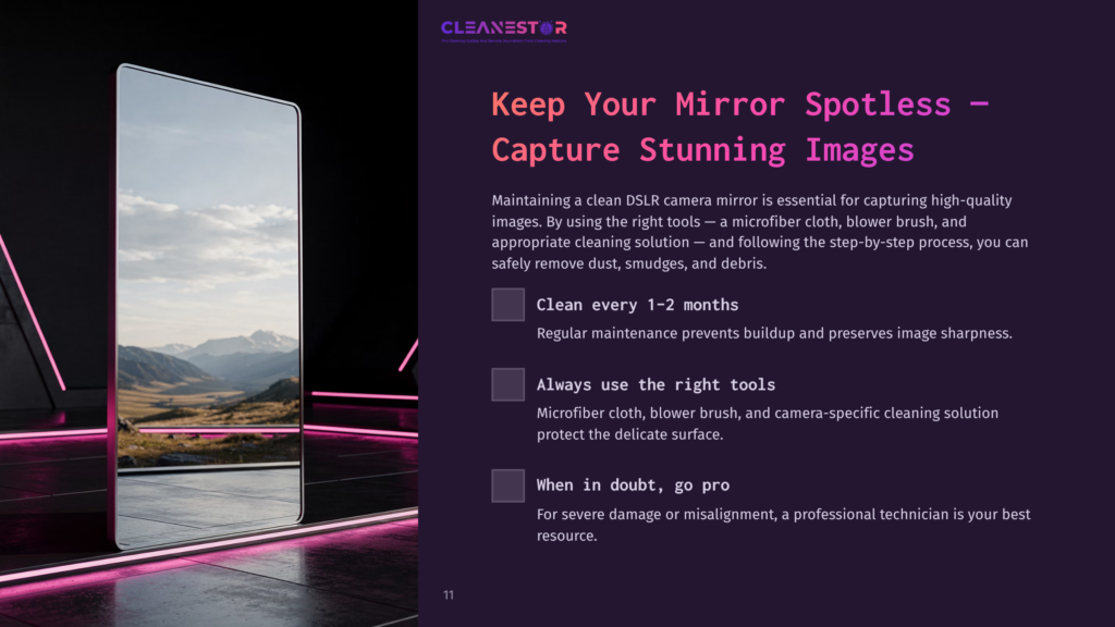11 Keep Your Mirror Spotless Capture Stunning Images A Large, Reflective Mirror On A Stand, Showing A Mountain Landscape In Its Reflection, Is Illuminated By Pink Neon Lights On A Dark, Tiled Floor. The Text &Quot;Cleanestor&Quot; Is Visible At The Top Left, With The Headline &Quot;Keep Your Mirror Spotless - Capture Stunning Images&Quot; On The Right.