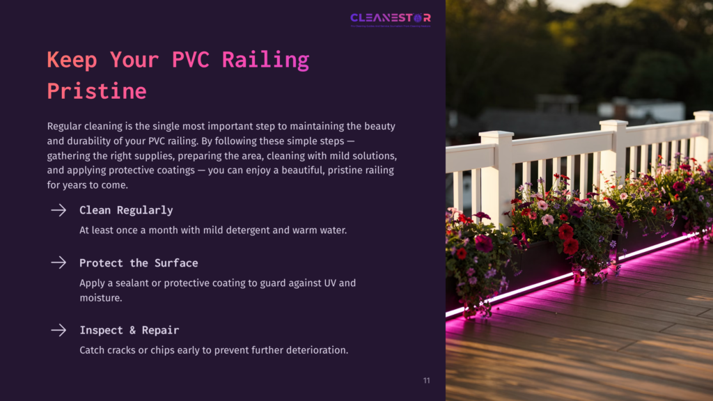 A Pristine White Pvc Railing With Planters Full Of Colorful Flowers Sits On A Deck, Illuminated By Purple Led Lights. Text On The Left Reads &Quot;Keep Your Pvc Railing Pristine&Quot; And Provides Cleaning Tips.