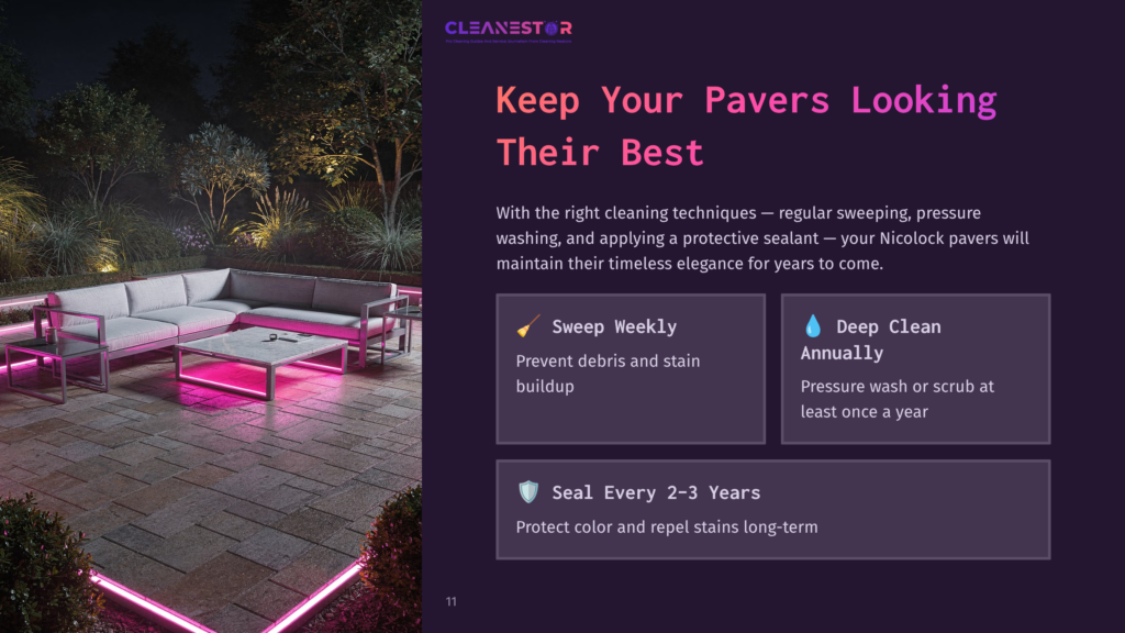 Cleanestor Logo Above Text &Quot;Keep Your Pavers Looking Their Best&Quot; And &Quot;Sweep Weekly,&Quot; &Quot;Deep Clean Annually,&Quot; And &Quot;Seal Every 2-3 Years&Quot; On A Modern Outdoor Patio With A Sectional Sofa And Pink Ambient Lighting.