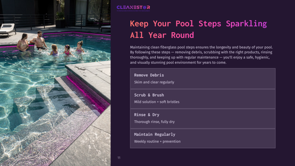 11 Keep Your Pool Steps Sparkling All Year Round A Family Relaxes In A Sparkling Clean Fiberglass Pool At Night, Illuminated By Vibrant Pink Underwater Lights, With Text Overlay Promoting Pool Cleaning Services.