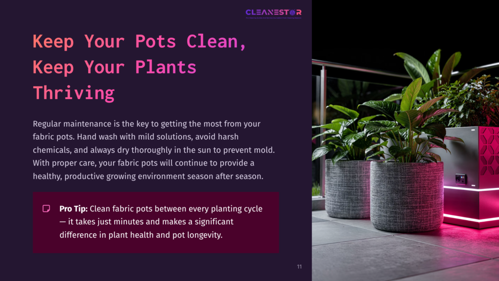 11 Keep Your Pots Clean Keep Your Plants Thriving A Vibrant Green Plant In A Stylish Fabric Pot Sits On A Gray Tiled Surface, With Modern Outdoor Decor And Soft Pink Lighting In The Background.