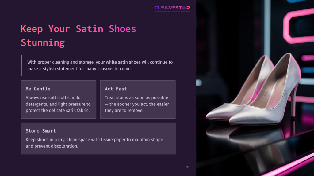 Two Elegant, White Satin Stiletto Heels Rest On A Glossy, Dark Surface, Reflecting The Vibrant Pink Neon Lights Of The Background. The Text &Quot;Cleanestor&Quot; Is Visible At The Top.