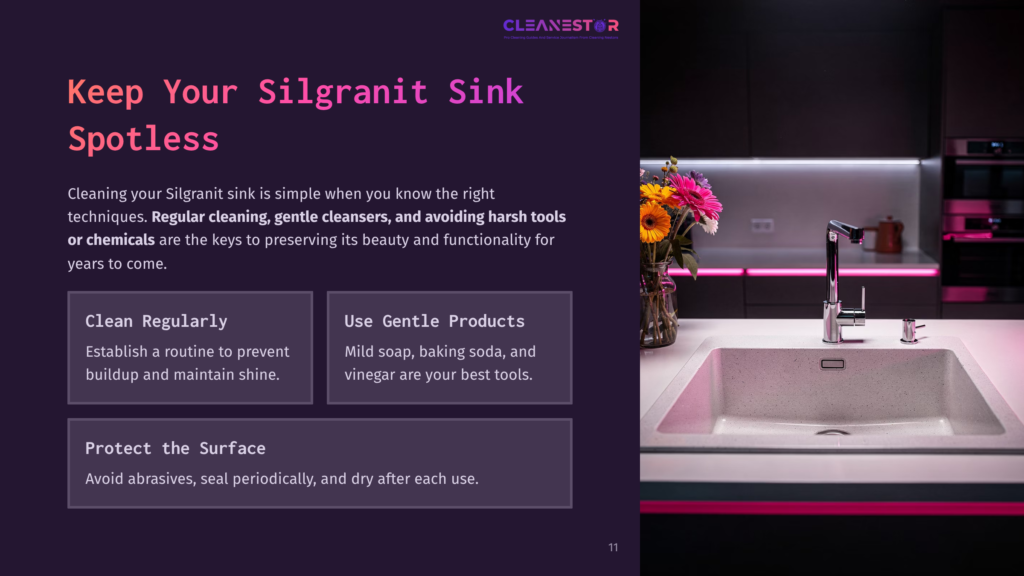 A Clean, Modern Kitchen Features A Large Granite Sink With A Sleek Faucet And A Vibrant Bouquet Of Flowers. The Sink Is Filled With Water, And The Countertops Are Spotless.