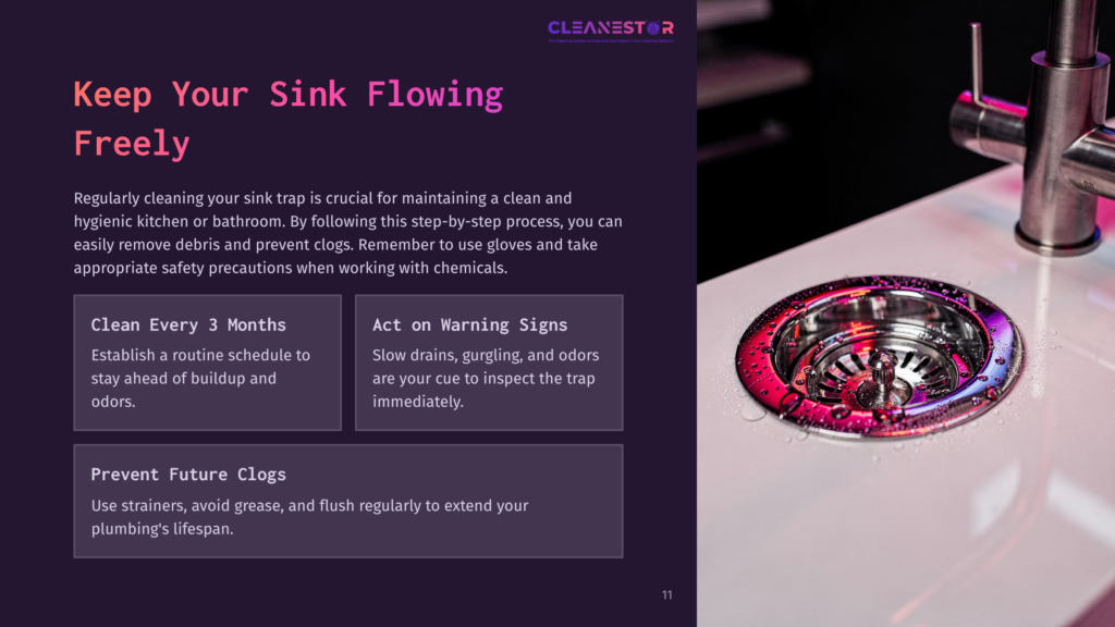 Close-Up Of A Silver Sink Drain With A Shiny Strainer, Surrounded By A Dark Purple Background Featuring Cleaning Tips In White Text.