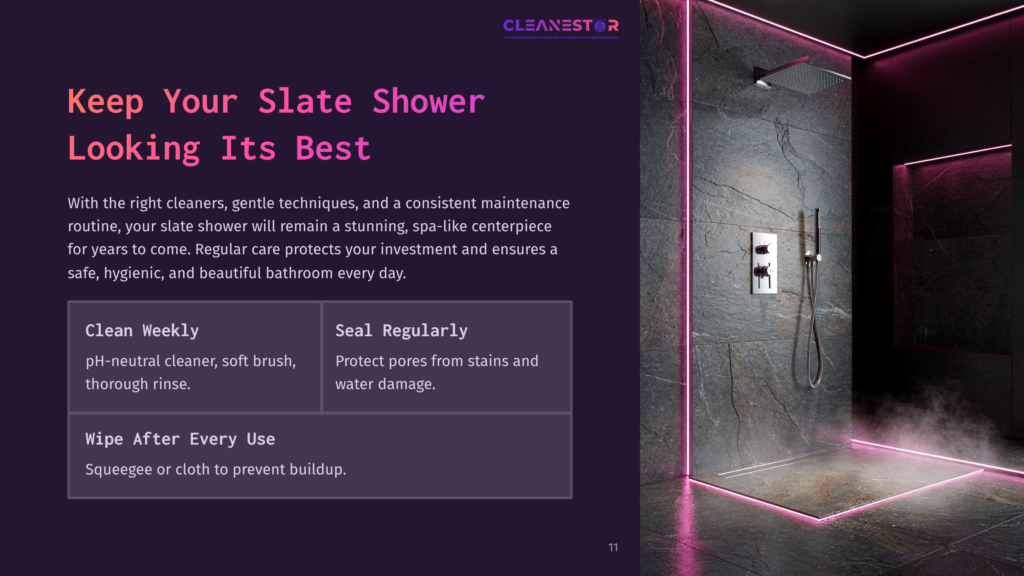 A Modern Slate Shower With A Rainfall Showerhead And Built-In Drain, Illuminated By Pink Led Lights, Showcasing A Luxurious And Spa-Like Bathroom Experience.