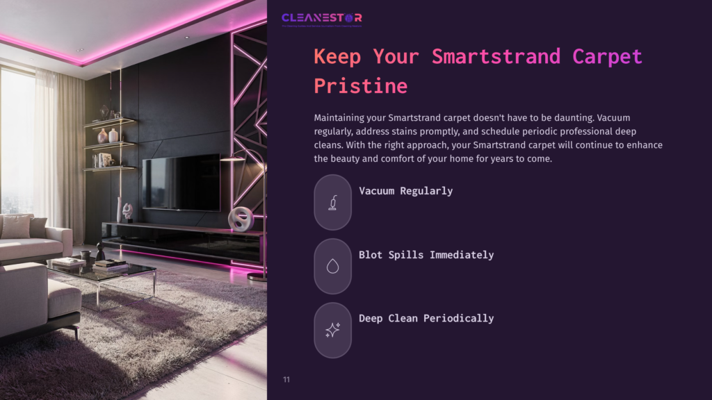 Modern Living Room With Sleek Furniture, A Large Tv, And Purple Lighting, Accompanied By Tips For Maintaining Smartstrand Carpet Cleanliness.